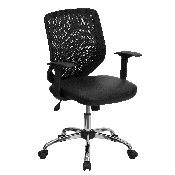 Mid-Back Black Mesh Tapered Back Swivel Task Office Chair with LeatherSoft Seat, Chrome Base and T-Arms, LF-W95-LEA-BK-GG