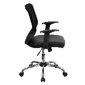 Mid-Back Black Mesh Tapered Back Swivel Task Office Chair with LeatherSoft Seat, Chrome Base and T-Arms, LF-W95-LEA-BK-GG