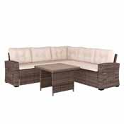 Huck Indoor/Outdoor Wicker Rattan Conversation Set, L-Shaped Sofa with Dining Table, Weather Resistant Cushions, Beige and Brown, LTS-SET-02023-BG-BR-GG