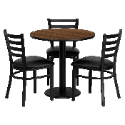 30'' Round Walnut Laminate Table Set with 3 Ladder Back Metal Chairs - Black Vinyl Seat, MD-0002-GG