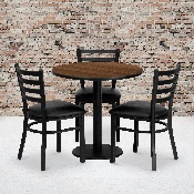 30'' Round Walnut Laminate Table Set with 3 Ladder Back Metal Chairs - Black Vinyl Seat, MD-0002-GG