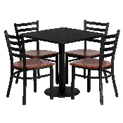30'' Square Black Laminate Table Set with 4 Ladder Back Metal Chairs - Cherry Wood Seat, MD-0003-GG