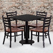 30'' Square Black Laminate Table Set with 4 Ladder Back Metal Chairs - Cherry Wood Seat, MD-0003-GG