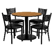 36'' Round Natural Laminate Table Set with 4 Grid Back Metal Chairs - Black Vinyl Seat, MD-0006-GG