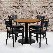 36'' Round Natural Laminate Table Set with 4 Grid Back Metal Chairs - Black Vinyl Seat, MD-0006-GG
