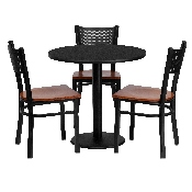 30'' Round Black Laminate Table Set with 3 Grid Back Metal Chairs - Cherry Wood Seat, MD-0007-GG
