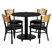 36'' Round Black Laminate Table Set with 4 Wood Slat Back Metal Chairs - Black Vinyl Seat, MD-0009-GG