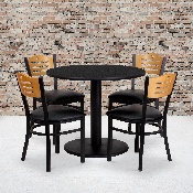 36'' Round Black Laminate Table Set with 4 Wood Slat Back Metal Chairs - Black Vinyl Seat, MD-0009-GG