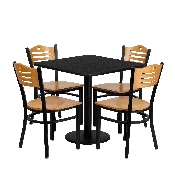 30'' Square Black Laminate Table Set with 4 Wood Slat Back Metal Chairs - Natural Wood Seat, MD-0010-GG