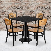 30'' Square Black Laminate Table Set with 4 Wood Slat Back Metal Chairs - Natural Wood Seat, MD-0010-GG