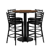 36'' Round Walnut Laminate Table Set with 4 Ladder Back Metal Barstools - Black Vinyl Seat, MD-0011-GG