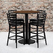 36'' Round Walnut Laminate Table Set with 4 Ladder Back Metal Barstools - Black Vinyl Seat, MD-0011-GG