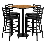 30'' Square Natural Laminate Table Set with 4 Ladder Back Metal Barstools - Black Vinyl Seat, MD-0012-GG