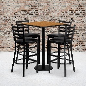 30'' Square Natural Laminate Table Set with 4 Ladder Back Metal Barstools - Black Vinyl Seat, MD-0012-GG