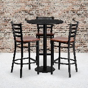 30'' Round Black Laminate Table Set with 3 Ladder Back Metal Barstools - Cherry Wood Seat, MD-0013-GG