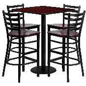 30'' Square Mahogany Laminate Table Set with 4 Ladder Back Metal Barstools - Mahogany Wood Seat, MD-0014-GG