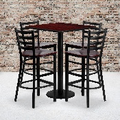 30'' Square Mahogany Laminate Table Set with 4 Ladder Back Metal Barstools - Mahogany Wood Seat, MD-0014-GG