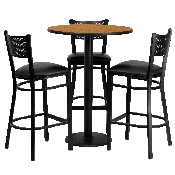 30'' Round Natural Laminate Table Set with 3 Grid Back Metal Barstools - Black Vinyl Seat, MD-0016-GG