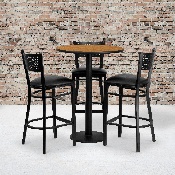 30'' Round Natural Laminate Table Set with 3 Grid Back Metal Barstools - Black Vinyl Seat, MD-0016-GG