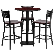 30'' Round Mahogany Laminate Table Set with 3 Grid Back Metal Barstools - Mahogany Wood Seat, MD-0017-GG
