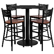 36'' Round Black Laminate Table Set with 4 Grid Back Metal Barstools - Cherry Wood Seat, MD-0018-GG