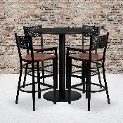 36'' Round Black Laminate Table Set with 4 Grid Back Metal Barstools - Cherry Wood Seat, MD-0018-GG