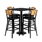 30'' Square Black Laminate Table Set with 4 Wood Slat Back Metal Barstools - Black Vinyl Seat, MD-0019-GG