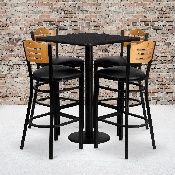 30'' Square Black Laminate Table Set with 4 Wood Slat Back Metal Barstools - Black Vinyl Seat, MD-0019-GG