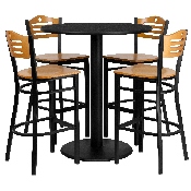 36'' Round Black Laminate Table Set with 4 Wood Slat Back Metal Barstools - Natural Wood Seat, MD-0020-GG