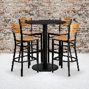 36'' Round Black Laminate Table Set with 4 Wood Slat Back Metal Barstools - Natural Wood Seat, MD-0020-GG