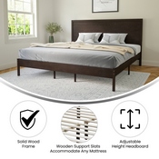 Asher King Size Solid Wood Platform Bed with Wooden Slats and Headboard, No Box Spring Needed, Dark Brown, MG-09004KB-K-DKBRN-GG