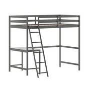 Riley Loft Bed Frame with Desk, Twin Size Wooden Bed Frame with Protective Guard Rails & Ladder for Kids and Teens - Light Gray, MH-LBD5-LGY-T-GG