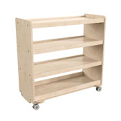 Bright Beginnings Commercial Grade Space Saving 4 Shelf Wooden Mobile Classroom Storage Cart with Locking Caster Wheels, Kid Friendly Design, Natural