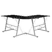 Black Glass L-Shape Corner Computer Desk with Silver Metal Frame, NAN-CD-22181-BK-GG