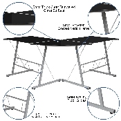 Black Glass L-Shape Corner Computer Desk with Silver Metal Frame, NAN-CD-22181-BK-GG