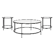 Astoria Collection Coffee and End Table Set - Clear Glass Top with Round Matte Black Frame - 3 Piece Occasional Table Set, NAN-CEK-21750-BK-GG