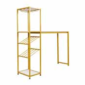 Jura Metal Bar and Wine Table with 2 Slanted Shelves for Bottle Storage and Hanging Glass Storage, Gold Frame with Marble Melamine Table Top, NAN-F-HY-B23102-GLDMRBL-GG