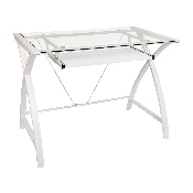 Clear Tempered Glass Computer Desk with White Pull-Out Keyboard Tray and White Crisscross Frame, NAN-JN-2824S-WH-WH-GG