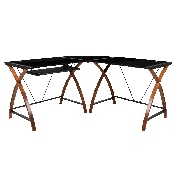 Black Glass L-Shape Corner Computer Desk with Pull-Out Keyboard Tray, NAN-JN-2824SL-COMBO-BK-GG