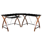 Black Glass L-Shape Corner Computer Desk with Pull-Out Keyboard Tray, NAN-JN-2824SL-COMBO-BK-GG