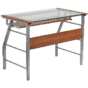 Glass Computer Desk with Pull-Out Keyboard Tray and Bowed Front Frame, NAN-JN-2940-GG