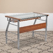 Glass Computer Desk with Pull-Out Keyboard Tray and Bowed Front Frame, NAN-JN-2940-GG