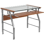 Glass Computer Desk with Pull-Out Keyboard Tray and Bowed Front Frame, NAN-JN-2940-GG