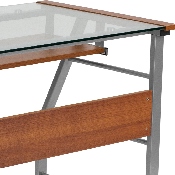Glass Computer Desk with Pull-Out Keyboard Tray and Bowed Front Frame, NAN-JN-2940-GG