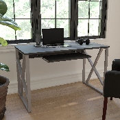 Black Computer Desk with Pull-Out Keyboard Tray and Cross-Brace Frame, NAN-WK-004-GG