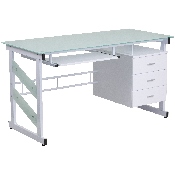 White Computer Desk with Frosted Glass Top and Three Drawer Pedestal, NAN-WK-017-GG