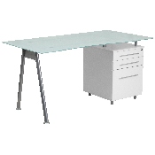 White Computer Desk with Glass Top and Three Drawer Pedestal, NAN-WK-021-GG