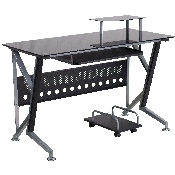 Black Glass Computer Desk with Pull-Out Keyboard Tray and CPU Cart, NAN-WK-059-GG