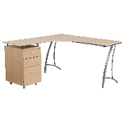 Beech Laminate L-Shape Desk with Three Drawer Pedestal, NAN-WK-113-GG