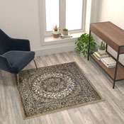Mersin Collection Persian Style 4x4 Ivory Square Area Rug-Olefin Rug with Jute Backing-Hallway, Entryway, Bedroom, Living Room, NR-RGB401-44-IV-GG